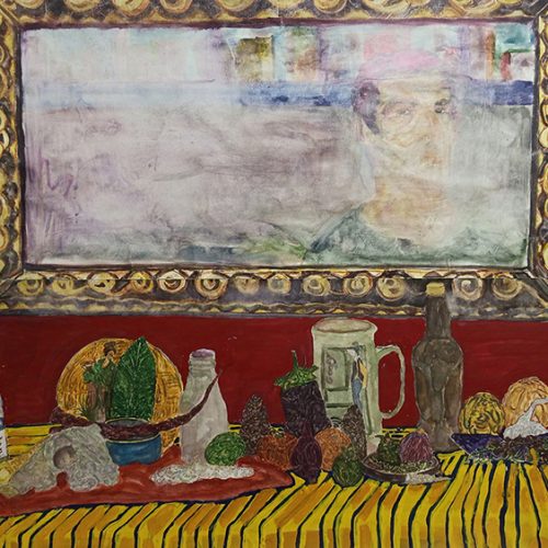 Aria Tehrani, Untitled, 2022, watercolor, acrylic and pigment on paper, diptych, 70x100 cm overall, (35x100 cm each panel), $550 copy