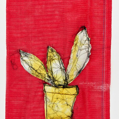Laleh Memarardestani, Untitled from the Things series, 2025, turmeric-dyed fabric, thread and viscose stitched with sewing machine on plastic bag, 80x50x3 cm, $750 copy